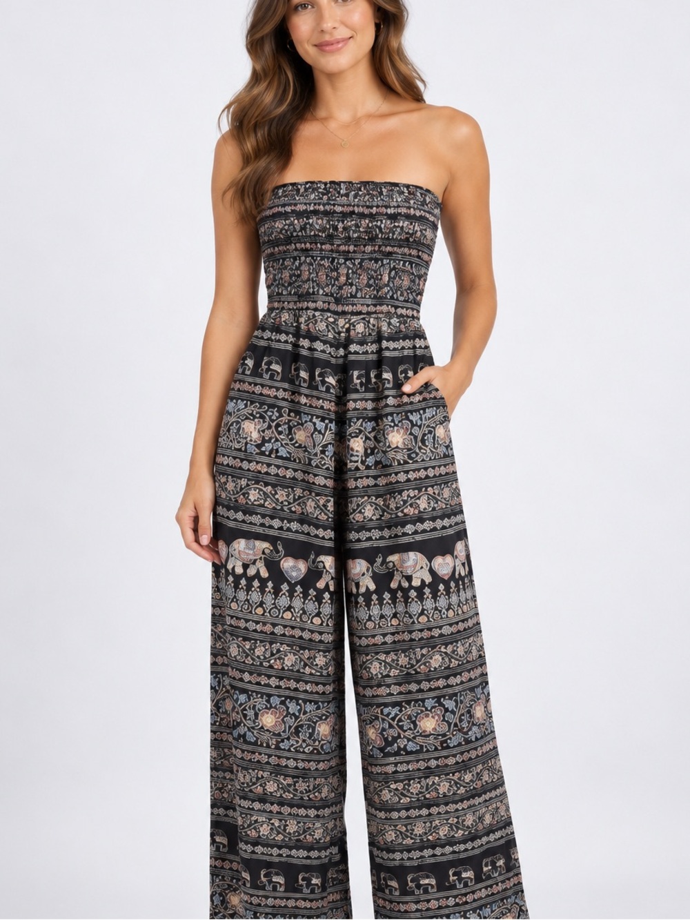 LA Hearts bohemian-style, strapless wide-leg jumpsuit elephant small